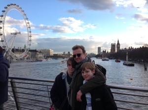 On one of London's many bridges. The cross wind was rather brisk.